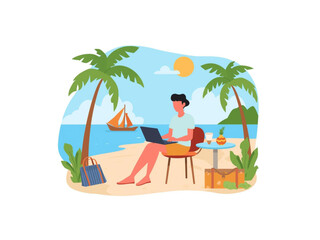 girl working on a tropical beach