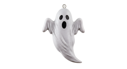 White Ghost Halloween Ornament Hanging Against a Dark Background