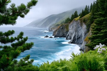 Rugged coast cliffs with pine trees and crashing ocean waves