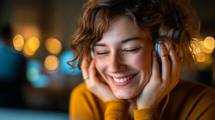 Cheerful young woman in headphones having web conference while working from home, under soft ambient light, showcasing joyful expression and modern tech setup, serene home office s
