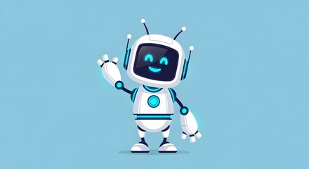 Cheerful cartoon robot waving, a friendly digital assistant, perfect for tech-related designs, AI concepts, and futuristic illustrations, creating a sense of welcome