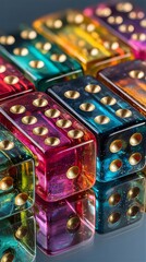 Fototapeta premium Colorful translucent dice with gold pips are scattered on a reflective surface creating a vibrant and captivating display perfect for game night and chance, absolutely!