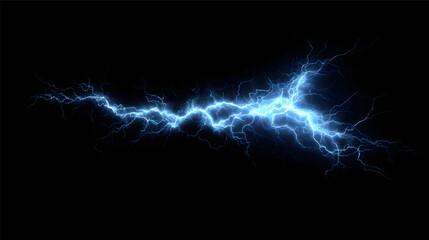 A dramatic lightning bolt striking through a dark stormy sky, illuminating the clouds with a bright blue glow