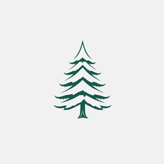 Stylized illustration of a green evergreen tree, featuring a symmetrical, layered design on a white background.