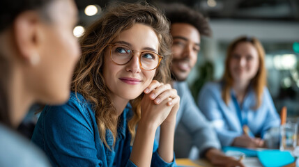 Obraz premium Group of young people discussing business while having meeting in the office, under gentle office light, highlighting collaborative energy and focused expressions, serene workplace
