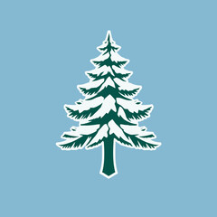 A stylized illustration of a snow-covered evergreen tree against a light blue backdrop.