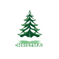 A stylized green Christmas tree with snow and the word 