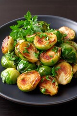 Roasted Brussels sprouts serving with fresh parsley creating healthy side dish