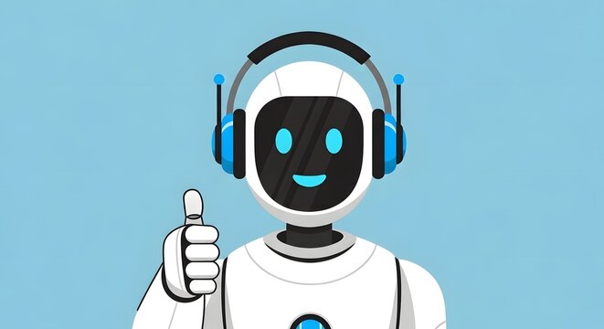 Friendly Robot with Headset Giving Thumbs Up, Representing AI and Technological Approval, Ideal for Digital Interface and Modern Concepts
