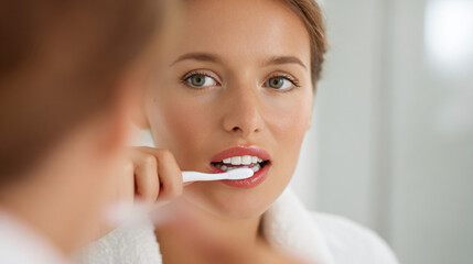 A professional dental hygiene scene featuring a young woman brushing her teeth in front of a mirror, focus on mouth and toothbrush, blurred hand and background for depth. 