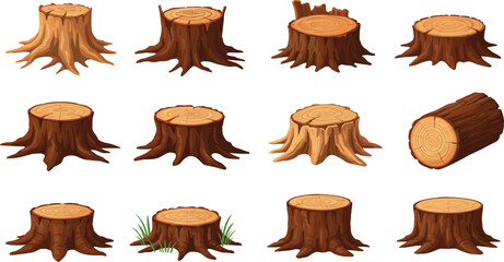 Collection of cartoon tree stumps and wooden logs illustration, forest cut wood design, timber nature element, eco friendly natural texture