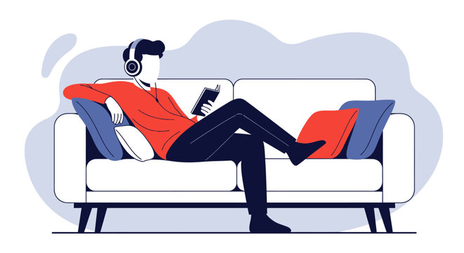 Man relaxing on couch, wearing headphones and holding phone, enjoying music or entertainment in comfortable home setting
