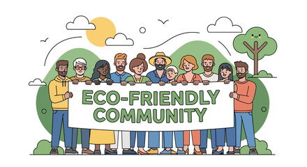 Diverse group people holding banner that says ecofriendly community with trees and clouds in the, promoting environmental awareness and sustainable living