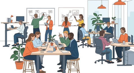 Diverse group people collaborating and working in modern, bright openplan office with desks, computers, and whiteboards displaying charts and diagrams, fostering teamwork and productivity