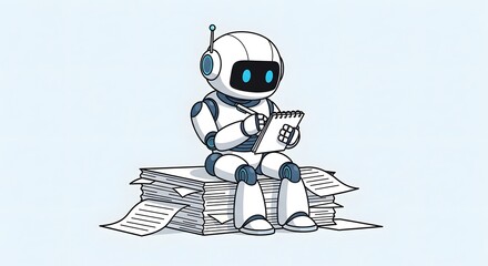 A thoughtful robot taking notes, pondering complex data, sitting atop a stack of documents, symbolizing AI analysis and information processing, futuristic concept