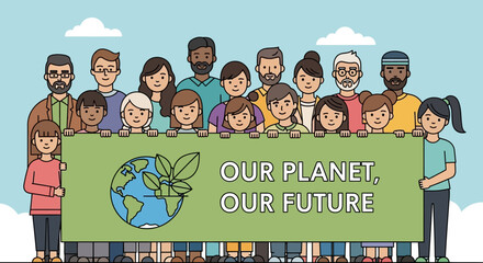 Diverse group people all ages holding banner that reads our planet, our future with globe graphic, advocating for environmental protection and sustainable future for earth