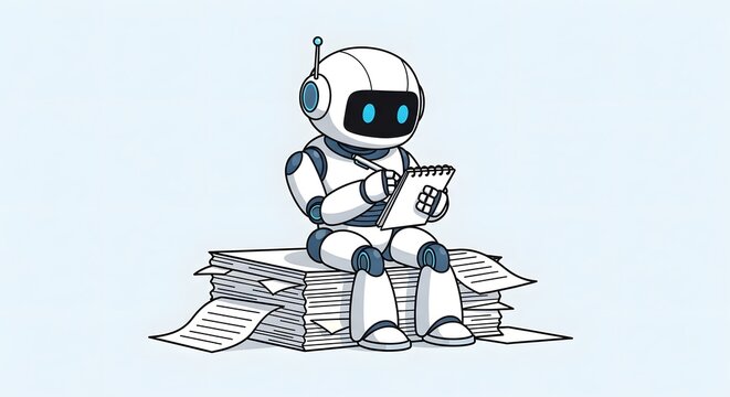 A thoughtful robot taking notes, pondering complex data, sitting atop a stack of documents, symbolizing AI analysis and information processing, futuristic concept