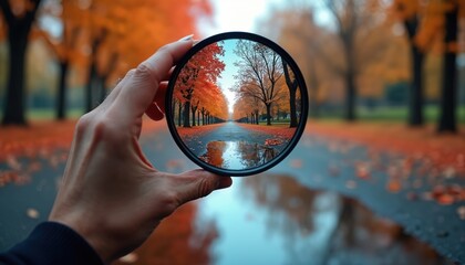 Hand holds camera lens filter. Inside filter, focused autumn park path with vibrant orange trees, fallen leaves, clear water puddles reflects scenic view. Blurred background surrounds, showing