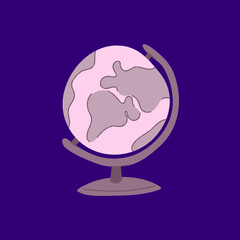 Simple illustration of a globe on a stand against a dark purple background