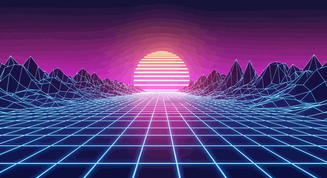 Retro futuristic landscape with neon grid and glowing sun, 80s synthwave aesthetic, digital