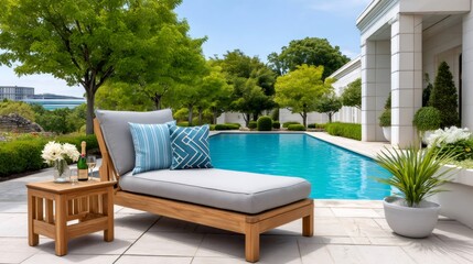 Luxury summer poolside relaxation with champagne and lounge chair