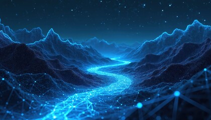 A digital river flows through abstract landscape. Network of data points connect over dark mountains under sky. Tech streams connect future. AI controls data flow system.
