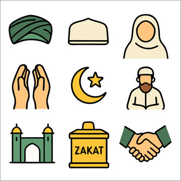 Flat Islamic Worship Icon Set, Minimalist Muslim Prayer & Spiritual Life Vectors