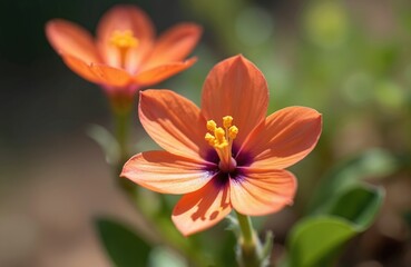 Fototapeta premium Two vibrant orange wildflowers bloom in sunny garden. Bright yellow stamens, deep purple centers stand out against soft green background. Delicate petals catch sunlight. New fresh spring growth shown