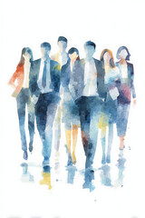 A diverse group of professionals confidently walking towards the viewer in a modern office setting