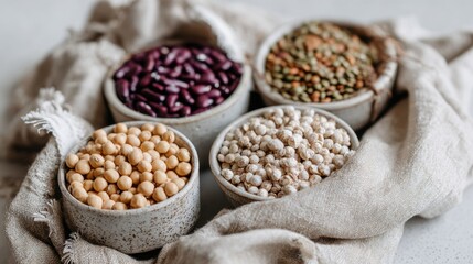 Fototapeta premium Assorted legumes in bowls: chickpeas, lentils, red beans, soybeans on linen cloth