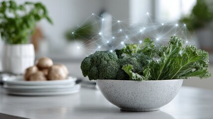 Fresh vegetables in a bowl with digital network overlay on kitchen counter