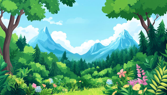 cartoon style illustration of lush magical forest clearing, framed by large trees and rich foliage