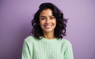 Fototapeta premium Smiling Hispanic woman with dark wavy hair wears a mint green sweater against a plain purple studio backdrop. She makes direct eye contact with a cheerful, approachable, and confident expression.