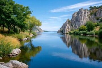 Naklejka premium Lake with rocky cliffs reflecting in calm water