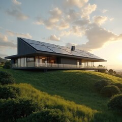 Obraz premium Modern house with solar panels on roof sits on green hill at sunset. Large windows offer expansive views. Rural landscape surrounds luxury residence.