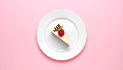 パステル背景に置かれた白皿のケーキ一切れのフラットレイ