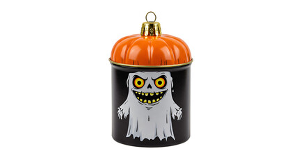 Halloween Candy Container with Ghost and Pumpkin on Gradient Background