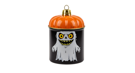 Halloween Candy Container with Ghost and Pumpkin on Gradient Background