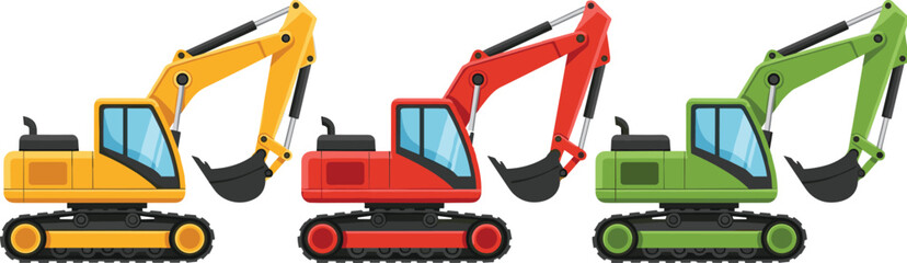 Colorful excavator vehicles in yellow, red, and green, construction machinery illustration, heavy industrial equipment for building and engineering projects, vector design