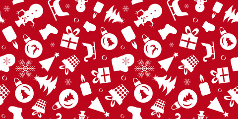Christmas seamless pattern of icons on red background in flat style. Vector illustration