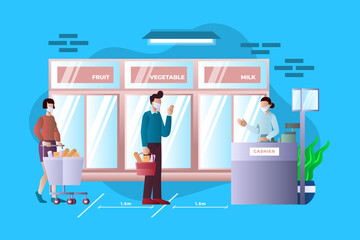 People Wearing Masks Shopping at a Supermarket with a Blue Background and a Red Shopping Cart Illustration
