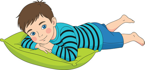 Cute cartoon boy lying on green pillow, relaxing child illustration, happy smiling kid resting, leisure, sleep, relaxation, childhood, comfort