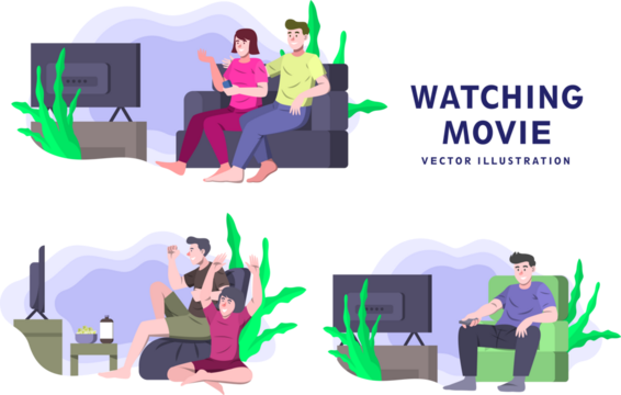 People Watching Movie on Transparent Background Illustration Set with Green Plants Indoor Vector Flat Design Cartoon for Website Assets