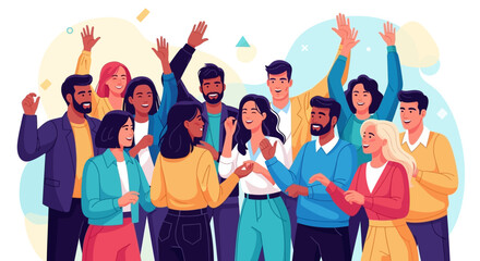 Obraz premium Diverse group happy people waving and smiling, celebrating together in vibrant and joyful gathering