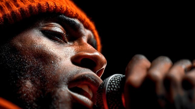 An African American male musician intensely sings into a microphone wea an orange knitted cap onstage now.