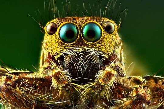 This extreme macro close-up reveals a jumping spider's face, showcasing its prominent, iridescent eyes, hairy body, and intricate details against a blurred green background.