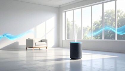 Calm minimalist room with ambient speakers emitting soft blue sound ripples into the air