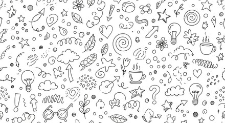 Seamless pattern handdrawn doodle icons and symbols including hearts, stars, lightbulbs, flowers, clouds, and coffee cups, on, representing ideas and creativity