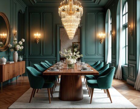 Luxury dining room with dark teal walls, wooden table, green velvet chairs, crystal chandelier. Elegant table setting with white flowers, fine china, glassware. Wooden sideboard with decor, large