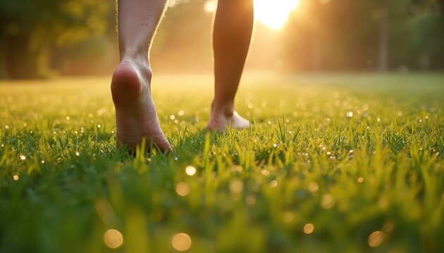 Bare feet walk on dewy grass at sunrise. A woman enjoys a peaceful morning stroll in nature. The scene displays simplicity and natural beauty with soft light.